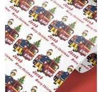 Personalised Firefighter Christmas Wrapping Paper Roll - Custom Name, Festive Fire Engine Design, 61cm Wide, 1m-8m Continuous Roll, Matte 100gsm, Kids Gift Wrap, UK Made (White, 7mt)