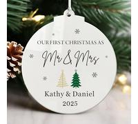 Personalised First Christmas as Mr and Mrs 2025 Tree Decorations 1st Christmas Baubles Gifts Xmas Gifts Custom Christmas Ornaments for Men Married Engaged New Couple Wife (Design 2, Round)