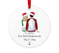 Personalised First Christmas as Mr & Mrs Pyjamas Bauble, Ceramic Ornament | Personalised ceramic Mr & Mrs bauble with names and year, a sweet first married Christmas keepsake for couples.