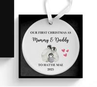 Personalised First Christmas as Mummy and Daddy Bauble, Baby's 1st Xmas Ornament, New Baby Tree Decoration, Mum and Dad Gifts, with Gift Box and Ribbon