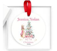 Personalised First Christmas Baby Pink Bunny - First Christmas Ornament Girl - First Christmas Bauble - Babies First Xmas Tree Decoration - Custom Baby Name Keepsake for Girls