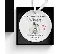 Personalised First Christmas Bauble for Family of 3, New Parents Keepsake, Baby's 1st Xmas Tree Decoration, Ceramic Hanging Ornament