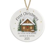Personalised First Christmas in Your New Home 2025 Ceramic Ornament, Housewarming Christmas Tree Bauble Decoration (Snowy cabin customised with name/s)