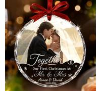 Personalised First Christmas Mr and Mrs Ornament, Custom Couple Photo Names Date Crystal Glass Keepsake Gift for Newlyweds - Personalised Christmas