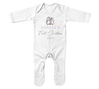 Personalised First Christmas Penguins Romper Suits for Baby Girls Purple Little Penguin Xmas Babies Sleepsuit, 3-6 Months, White