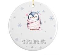 Personalised First Christmas Tree Decoration Ornament, 2024 My First Christmas, White, 8 cm (Penguin)