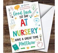 Personalised First Day At Nursery Card For Anyone Bright Doodle | Custom Greetings Card For First Day At Nursery Any Text Inside & Out