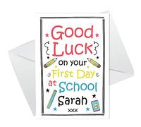 Personalised FIRST DAY AT SCHOOL Card Colourful Good Luck Card For Daughter Son