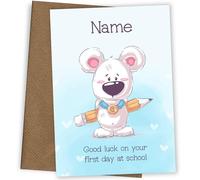 Personalised First Day at School Card - Good Luck Teddy Bear | Good Luck Starting School Greeting with A Friendly Teddy Bear Beside Colourful Pencils And The Words 'Good Luck On Your