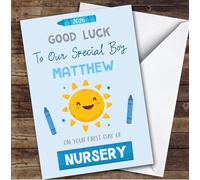 Personalised First Day Of Nursery Card For Anyone Boy Sun Blue Crayon | Custom Greetings Card For First Day Of Nursery Any Text Inside & Out