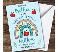 Personalised First Day Of School Card For Brother Rainbow Pencil Blue | Personalized Custom Unique Greetings Card For First Day Of School Any Text Inside & Out