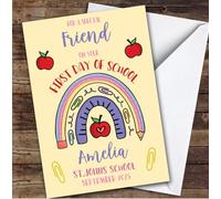Personalised First Day Of School Card For Friend Rainbow Pencil Yellow | Personalized Custom Unique Greetings Card For First Day Of School Any Text Inside & Out