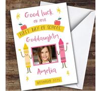 Personalised First Day Of School Card For Goddaughter Photo Pink Yellow Crayon | Personalized Custom Unique Greetings Card For First Day Of School Any Text