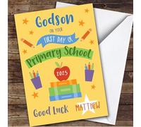 Personalised First Day Of School Card For Godson Primary Yellow | Personalized Custom Unique Greetings Card For First Day Of School Any Text Inside & Out