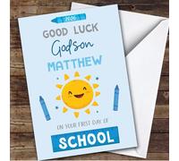 Personalised First Day Of School Card For Godson Sun Blue Crayon | Personalized Custom Unique Greetings Card For First Day Of School Any Text Inside & Out