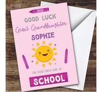 Personalised First Day Of School Card For Great Granddaughter Sun Pink Crayon | Personalized Custom Unique Greetings Card For First Day Of School Any Text