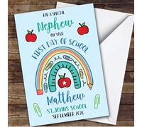 Personalised First Day Of School Card For Nephew Rainbow Pencil Blue | Personalized Custom Unique Greetings Card For First Day Of School Any Text Inside & Out