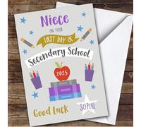 Personalised First Day Of School Card For Niece Secondary Grey | Personalized Custom Unique Greetings Card For First Day Of School Any Text Inside & Out