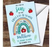 Personalised First Day Of School Card For Son Rainbow Pencil Blue | Personalized Custom Unique Greetings Card For First Day Of School Any Text Inside & Out