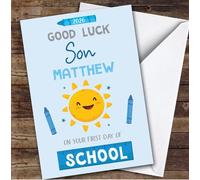 Personalised First Day Of School Card For Son Sun Blue Crayon | Personalized Custom Unique Greetings Card For First Day Of School Any Text Inside & Out