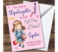 Personalised First Day Of School Card For Stepdaughter School Card For Girl Pink | Personalized Custom Unique Greetings Card For First Day Of School Any Text