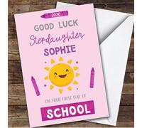 Personalised First Day Of School Card For Stepdaughter Sun Pink Crayon | Personalized Custom Unique Greetings Card For First Day Of School Any Text Inside & Out