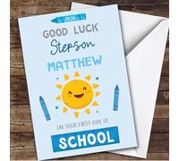 Personalised First Day Of School Card For Stepson Sun Blue Crayon | Personalized Custom Unique Greetings Card For First Day Of School Any Text Inside & Out