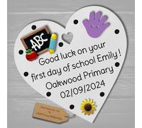 Personalised First Day of School gift plaque Good Luck present for Primary 1 wooden heart hanging keepsake (White #4, 8cm Magnet heart)