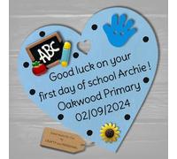 Personalised First Day of School gift plaque Good Luck present for Primary 1 wooden heart hanging keepsake (Blue #1, 8cm Magnet heart)