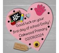 Personalised First Day of School gift plaque Good Luck present for Primary 1 wooden heart hanging keepsake (Pink #1, 8cm Magnet heart)