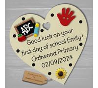 Personalised First Day of School gift plaque Good Luck present for Primary 1 wooden heart hanging keepsake (Ivory #1, 8cm Magnet heart)