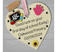 Personalised First Day of School gift plaque Good Luck present for Primary 1 wooden heart hanging keepsake (Ivory #2, 8cm Hanging heart)