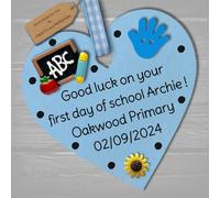 Personalised First Day of School gift plaque Good Luck present for Primary 1 wooden heart hanging keepsake (Blue #1, 8cm Hanging heart)