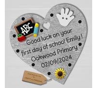 Personalised First Day of School gift plaque Good Luck present for Primary 1 wooden heart hanging keepsake (Silver #1, 8cm Magnet heart)