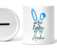 Personalised First Easter Money Box Piggy Bank For Babies 1st Easter Gift Baby Girl Boy Easter Keepsake Decor Newborn Babies Gifts Custom Name Coin Box Ceramic (BLUE)