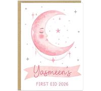 Personalised First Eid Card 2026 | Custom Own Name Moon Design Greeting Card | Muslim Eid Mubarak Gift | A5 Islamic Celebration Card For Eid (Pink Moon 1)