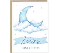 Personalised First Eid Card 2026 | Custom Own Name Moon Design Greeting Card | Muslim Eid Mubarak Gift | A5 Islamic Celebration Card For Eid (Blue Moon 2)
