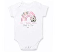 Personalised First Father's Day Baby Bodysuit and Sleepsuit Set, Pink Rainbow Elephant Design, 100% Cotton, 2025 (Baby Vest: White, Newborn)