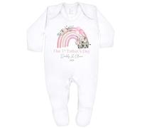 Personalised First Father's Day Baby Bodysuit and Sleepsuit Set, Pink Rainbow Elephant Design, 100% Cotton, 2025 (Babygrow: White, Newborn)