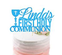 Personalised First Holy Communion Cake Topper - Grail Cross Christening Baptism Confirmation 1st Communion Party Decor Multicolour Glitter Hand Finished in UK(Blue)
