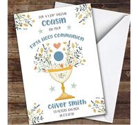 Personalised First Holy Communion Card For Cousin Boy Blue Chalice | Custom Greetings Card For First Holy Communion Any Text Inside & Out