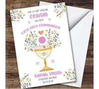 Personalised First Holy Communion Card For Cousin Girl Pink Chalice | Custom Greetings Card For First Holy Communion Any Text Inside & Out