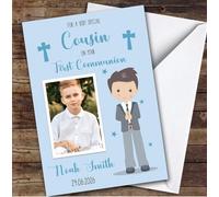 Personalised First Holy Communion Card For Cousin Photo Blue Boy | Custom Greetings Card For First Holy Communion Any Text Inside & Out