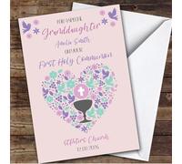 Personalised First Holy Communion Card For Granddaughter Pink Heart | Custom Greetings Card For First Holy Communion Any Text Inside & Out