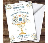 Personalised First Holy Communion Card For Grandson Blue Chalice | Personalized Custom Unique Greetings Card For First Holy Communion Any Text Inside & Out