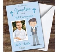 Personalised First Holy Communion Card For Grandson Photo Blue Boy | Custom Greetings Card For First Holy Communion Any Text Inside & Out