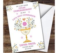 Personalised First Holy Communion Card For Great Granddaughter Pink Chalice | Personalized Custom Unique Greetings Card For First Holy Communion Any Text