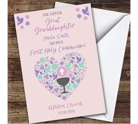 Personalised First Holy Communion Card For Great Granddaughter Pink Heart | Personalized Custom Unique Greetings Card For First Holy Communion Any Text