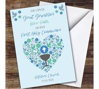 Personalised First Holy Communion Card For Great Grandson Blue Heart | Custom Greetings Card For First Holy Communion Any Text Inside & Out