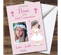 Personalised First Holy Communion Card For Niece Photo Pink Girl | Custom Greetings Card For First Holy Communion Any Text Inside & Out